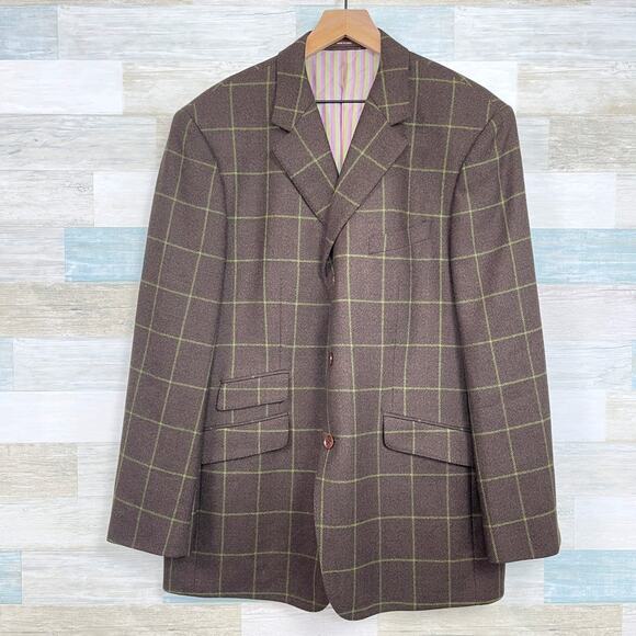 TailorByrd Flannel Windowpane Sport Coat Brown Wool Ticket Pocket Mens Large - Picture 1 of 8